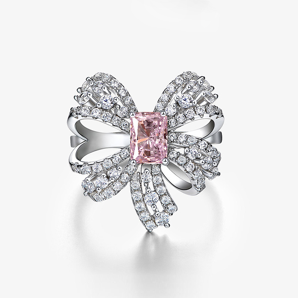欧美蝴蝶结1.5ct粉钻女戒925银高碳钻戒指长方5*7冰花切